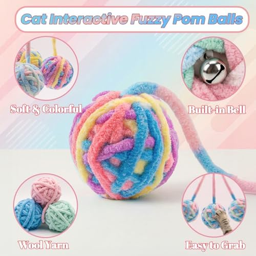 9 Pack Cat Toy Balls for Indoor Cats, Pom Pom Fuzzy Balls with Bells, Wool Yarn Toy with String, Mylar Crinkle Balls Interactive Kitten Toys for Indoor Cats Chase and Play Keep Busy Stress Relief - Image 3