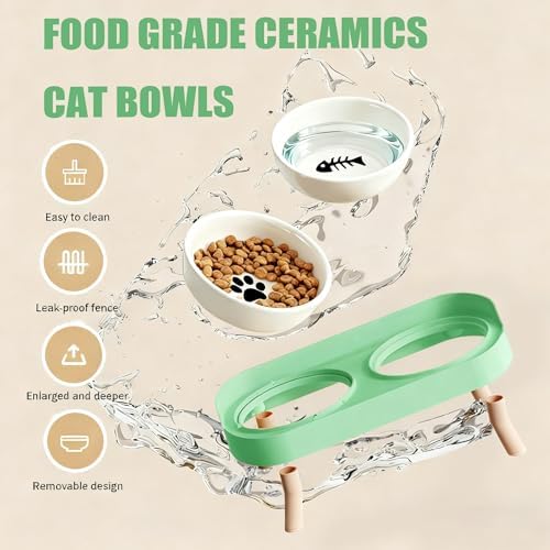 Elevated Cat Bowls, 2 Ceramic Raised Cat Food and Water Bowl Set, Prevent Cat Chin Acne, Whisker Fatigue Friendly, Splash Proof & Dishwasher Safe for Indoor Cats and Small Dogs - Green - Image 4