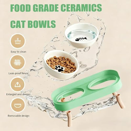Elevated Cat Bowls, 2 Ceramic Raised Cat Food and Water Bowl Set, Prevent Cat Chin Acne, Whisker Fatigue Friendly, Splash Proof & Dishwasher Safe for Indoor Cats and Small Dogs - Green - Image 4