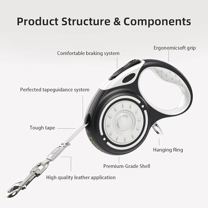 Retractable Dog Leash for Medium & Large Dogs up to 80 lbs, One-Handed Brake, 180kg Strong Nylon Tape, Tangle Free, Anti-Slip Handle (M & L Size) (Black Grey, L-5M)