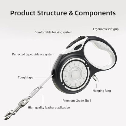 Retractable Dog Leash for Medium & Large Dogs up to 80 lbs, One-Handed Brake, 180kg Strong Nylon Tape, Tangle Free, Anti-Slip Handle (M & L Size) (Black Grey, L-5M)