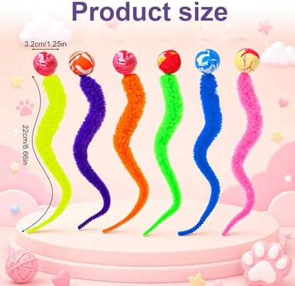 6 Pcs Cat Ball Toy Interactive Cats Bouncy Ball-Colorful Worm with Ball-Toy Mixed Bouncy Balls Rainbow Fuzzy Worm Weasel Balls for Indoor Cats(Multicolor) - Image 2