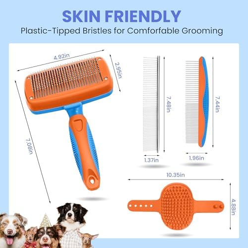 Self Cleaning Shedding Brush - 5-in-1 Professional Pet Grooming Kit Skin Friendly Grooming Tool for Dogs, Cats, and Puppies, Deshedding and Hair Removal for Long and Short Haired Pets,（Blue-Orange） - Image 6