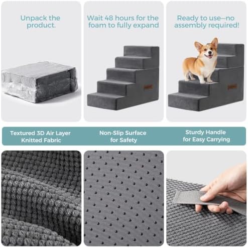 Dog Stairs, Steps and Ramp for High Bed & Sofa, 13-24" H Detachable Pet Stairs for Small Medium Dogs, Sturdy 40D Foam, Non-Slip, Washable Cover with Lint Roller, Grey - Image 2