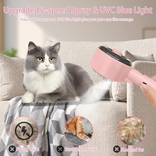 Cat Steam Brush for Shedding, Steamy Dog Grooming Brush with 2-Speed Spray, Blue Light and Release Button, Rechargeable Water Pet Hair Brushes Wet Self Cleaning Spa Comb - Image 2