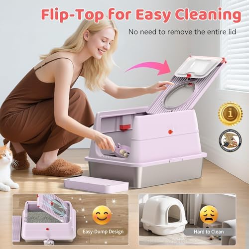 Stainless Steel Cat Litter Box with Lid, 160° Flip Top Kitty Litterbox, XL High Sided Enclosure Litter Pan for Big Cats, Front & Top Entry, Anti-Leakage, Odor-Free, Includes Scoop Mat, Purple Pink - Image 2