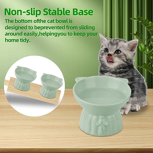 Elevated Cat Bowls 2-Pack, Ceramic Raised Cat Food & Water Dishes - Extra Wide & Shallow Whisker-Friendly Design, Anti-Vomit & Easy Digestion, Lead/Cadmium-Free, Microwave & Dishwasher Safe (Green) - Image 4