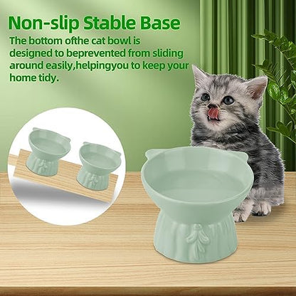 Elevated Cat Bowls 2-Pack, Ceramic Raised Cat Food & Water Dishes - Extra Wide & Shallow Whisker-Friendly Design, Anti-Vomit & Easy Digestion, Lead/Cadmium-Free, Microwave & Dishwasher Safe (Green) - Image 4