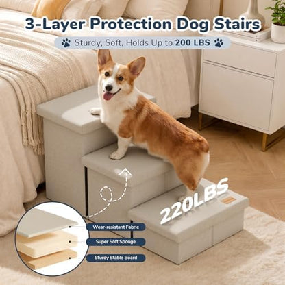 3-Step Wide Dog Stairs with Hidden Storage 18" H, Non-Slip Dog Steps for High Bed Couch Window Car, Jiont-Friendly Pet Stairs Ramp for Small/Medium/Large Old Dogs Cats Up to 220lbs, Beige - Image 3