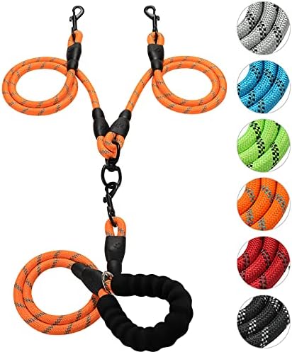 Double Dog Leash Reflective Detachable Coupler &360° Swivel Tangle Free, Heavy Duty Rope Leash Control with Padded Handle for Dual Large Medium Dogs Walking Running Training (Orange) by Gokotta