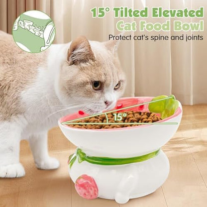 kathson Ceramic Raised Cat Bowl, 15° Tilted Elevated Cat Food Bowl, Raised Cat Food Bowls Anti Vomiting, Small Cat Feeding Bowlswith Stand for Protecting Spine, Strawberry Shaped Cute Kitten Bowl - Image 4