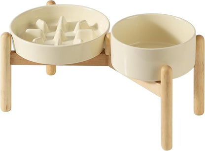 Ceramic 1.2 Cup Raised Slow Feeder Dog Bowl Set, Elevated 6.1inch Bowl and 7.3inch Slow Pet Food Dish with Wooden Stand for Small and Medium Dog (2 xLight Yellow+ Stand)