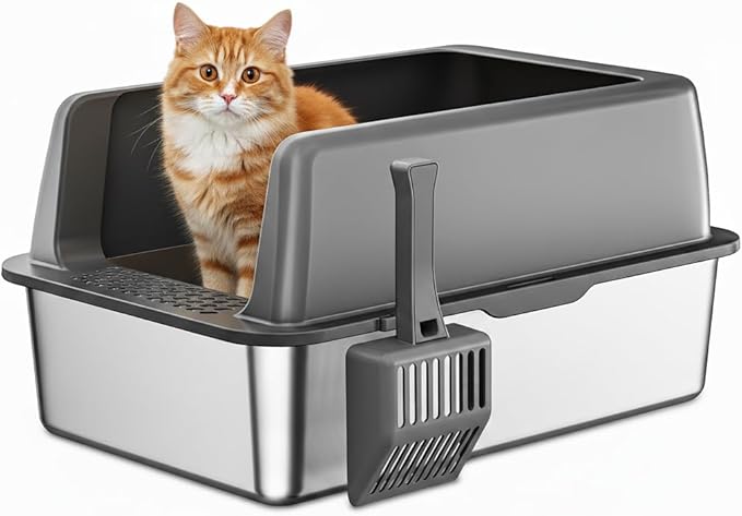 Zarler Stainless Steel Litter Box XL, Extra Large Cat Litter Boxes High Sided, Metal Litter Box for Big Cats, Non-Sticky, Easy to Clean, Anti-Urine Leakage (Dark Grey)