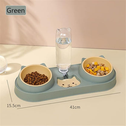 Triple Cat Food Bowls with Water Dispenser, Plastic Raised Cat Dishes, Automatic 3 in 1 Pet Bowls, 2 Food Bowls and Water Feeder Set, Wet and Dry Food Bowl Set for Cats Puppy Small Dogs (Dark Green)