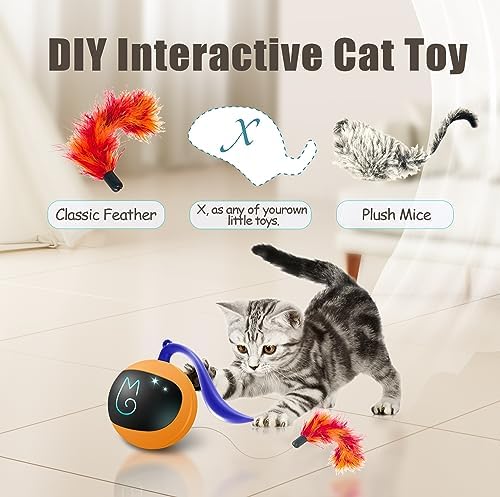 Migipaws Interactive Cat Ball Toy Set, Fun Tracker, Automatic Rolling Chase Ball with Fluffy Tail, A Small Mice, Rechargeable (Orange) - Image 3
