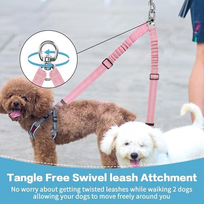 YAODHAOD Double Dog Leash,Two Dog Leash Splitter, No Tangle 360° Swivel Rotation Reflective Lead, Adjustable Length Bungee Heavy Duty Walking Training Dual Extension (Pink) - Image 2