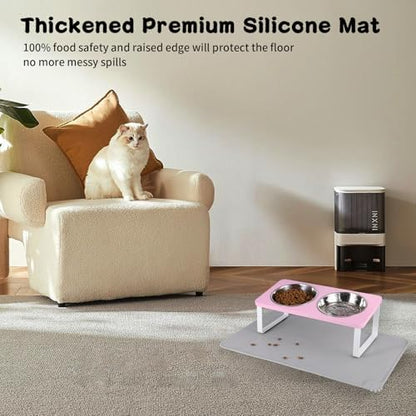 Summark Upgraded Elevated Cat Bowls with Food Mat,15°Tilted Stand Anti Vomiting Raised Cat Dishes for Food and Water,2 Stainless Steel Bowls for Cats and Puppy（Pink） - Image 3