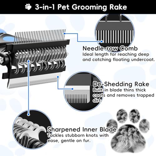 3-in-1 Professional Pet Grooming Brush for Dogs & Cats – Dematting Comb, Undercoat Rake & Deshedding Tool for Long & Short Hair, Heavy Shedding & Matted Fur (Blue) - Image 2