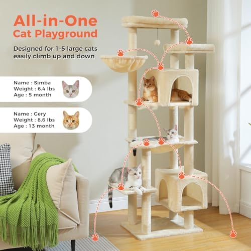 69" Tall Cat Tree for Indoor Cats Large Adult, Multi-Level Cat Tower - Image 2