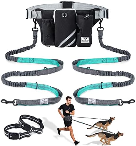 SHINE HAI Retractable Hands Free Dog Leash with Dual Bungees for 2 Dogs, Adjustable Waist Belt Fanny Pack, Reflective Stitching Leash for Running Walking Hiking Jogging Biking Black by ShineHai