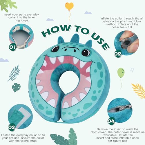 IEUUMLER Inflatable Recovery Dog Collar, Protective Donut Cone, Adjustable Soft Collar for Dog and Cat After Surgery Prevent from Biting & Scratching EU002 - Teal Dinosaur L+ - Image 4