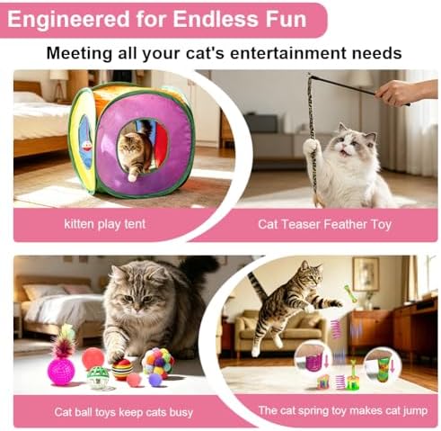 Retro Shaw 33Pcs Cat Toys Pack for Indoor Cats Kitten, with Cube Tunnel - Image 3
