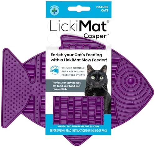 LickiMat Casper, Fish-Shaped Cat Slow Feeders Lick Mat, Boredom Anxiety Reducer; Perfect for Food, Treats, Yogurt, or Peanut Butter. Fun Alternative to a Slow Feed Cat Bowl or Dish, Purple by LICKIMAT