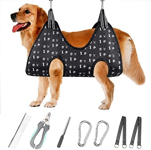 Pet Grooming Hammock Harness with Nail Clippers/Trimmer, Nail File, Comb, Cute Printed Breathable Cats & Dogs Hammock Sling for Grooming (XL, Black) by AdamStar