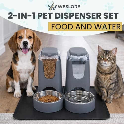 Automatic Cat Feeder 2.8L/4L Water Dispenser Set w/Tray Mat, Gravity Pet Feeder, Large Capacity Non-Spill Cat Water & Food Stainless Steel Bowls, Water Dispenser for Feeding Cats & Dog - Image 2