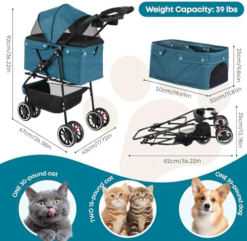Pet Stroller,Dog Stroller for Small Medium Dogs Cats,3 Wheels,Green - Image 2