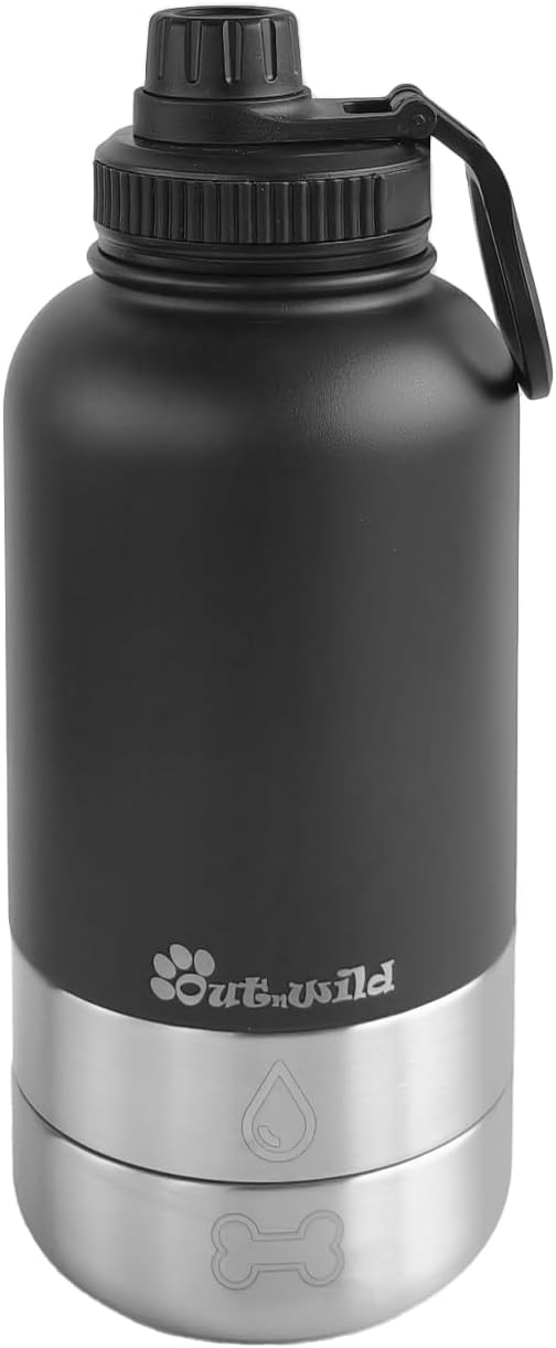 OUT 'N WILD Portable Dog Insulated Water Bottle & Bowls - All-in-One Travel Accessories Pet Food & Liquids for Car, Hiking, Camping - Leak-Proof, Double Walled - 32 oz, 2 Dog Bowls, Black