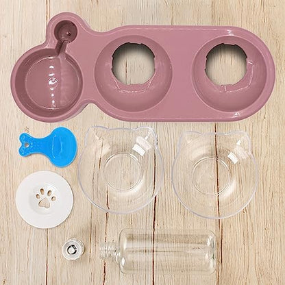 Triple Cat Bowls,15°Tilt 3-in-1 Water Feeder Bowls Cat Double Food Bowls with Automatic Water Bottle Bowl, Whisker Friendly Wet and Dry Cat Elevated Feeding Dishes for Small Cat and Puppy (Pink) - Image 6