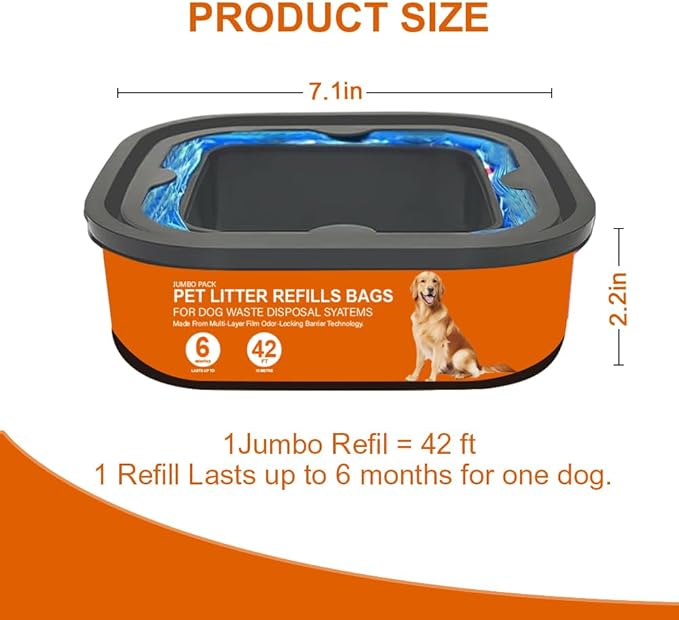 42FT Jumbo Square Refills Disposal Bags Refill Compatible with Pet Dogs Genie Dog Waste Disposal System Pails, Up to 6 months of Supply,Ultimate Odor Control Dog Poop Bags, 4 Pack