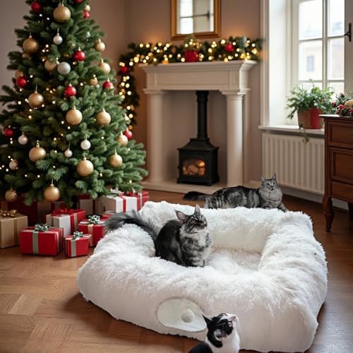 XxingSheep 4 Cave Shuttled XL Cat Tunnel Bed for Indoor Cats Peekaboo Toy Donut with Warm Mat, White by XxingSheep