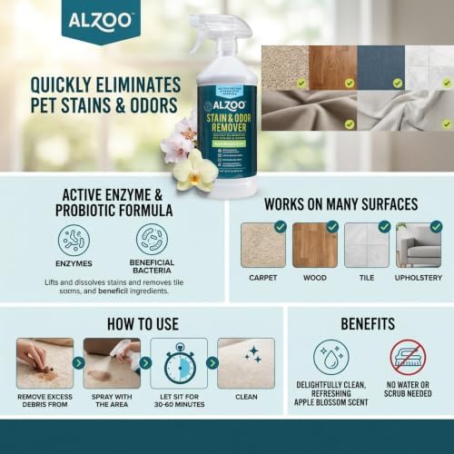 ALZOO Pet Stain & Odor Remover Spray for Dog & Cat Urine, Carpet, Furniture & Floors | Active Enzyme & Probiotic Formula | Apple Blossom Scent | Made in USA | 32 oz - Image 5