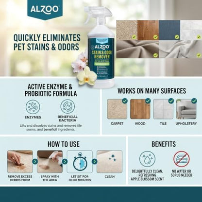 ALZOO Pet Stain & Odor Remover Spray for Dog & Cat Urine, Carpet, Furniture & Floors | Active Enzyme & Probiotic Formula | Apple Blossom Scent | Made in USA | 32 oz - Image 5