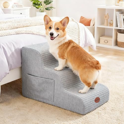Woochpet 3-Tier Dog Stairs for Beds Foam Ramp Stairs for Couch Light Grey by WOOCHPET