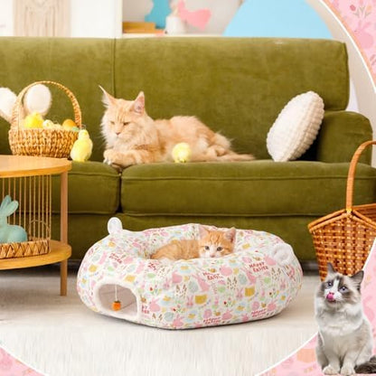 Aliceset Easter Bunny Cat Tunnel Bed for Indoor Cats 3ft x 3ft x 10in Foldable Cat Donut Tunnel with Washable Cushion Easter Rabbit Peekaboo Cave Toy for Small Kitten Kitty - Image 7
