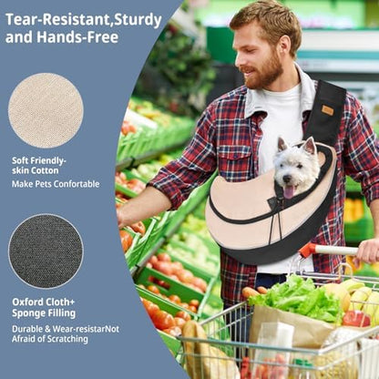 Cuby Pet Sling Carrier for Small Dogs Cats,Drawstring & Zipper Security Hook Triple Design for Pets' Securty Dog Bag,Breathable Travel Pet Puppy Sling Carrier with Adjustable Strap(Beige,M(5-10 lbs)) - Image 5