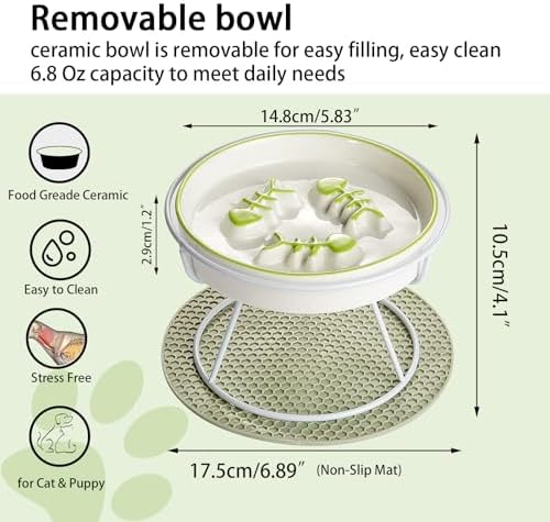 Ceramic Elevated Slow Feeder Cat Bowl, Anti Vomit, Removable Dish, Green - Image 2