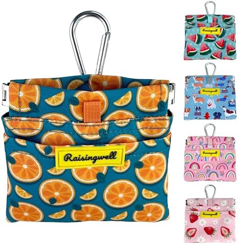 Dog Treat Pouch,Cotton Pocket Sized Training Holder, Hand Free Walking Funny Bag with Carabiner, Self-Closing Pet Feed Snack Reward, Behavior Aids for Puppy Travel or Outdoor Use（Fruit Orange） by Raisingwell