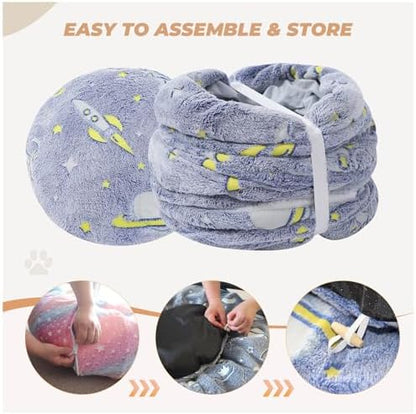 Under Christmas Tree Large Cat Tunnels Bed Tube for Indoor Cats Glows in The Dark Cat Tunnel with Cushion and Plush Ball Toy Toys for Dog Puppy Kitten Rabbit Bunnies Ferret Pet Blue - Image 5