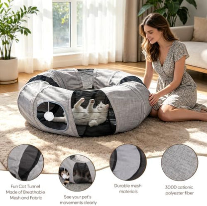 Ownpets 2 in 1 Collapsible Cat Tunnel for Indoor Cats with Cushion Bed - Image 2