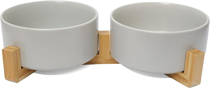 Dog Food Bowl, 13.5 oz Ceramic Food and Water Bowls for Dogs, Pet Dishes Set with Wood Stand, for Small Size Dog and Cat, No Spill Feeding Station with Weighted Base, Grey