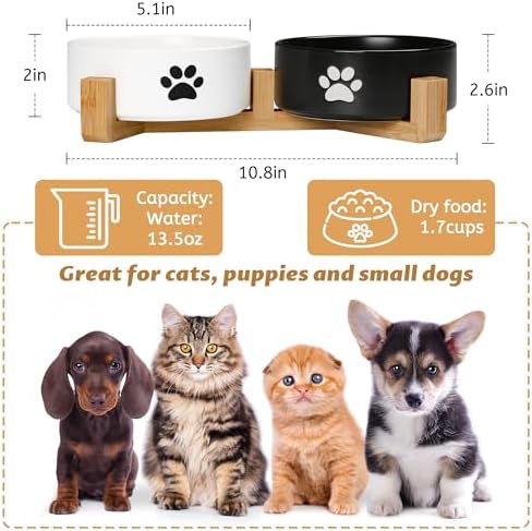 Dog Bowls, Non Slip Heavy Ceramic Dog Food and Water Bowl, Pet Feeding Bowl for Cats, Puppies and Small Dogs (2 Bowls+ 1 Stand-Black and White, 5.1 Inches) - Image 2
