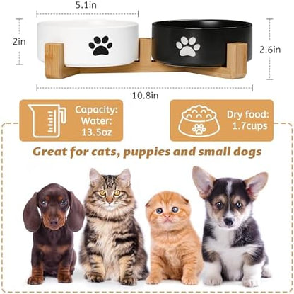 Dog Bowls, Non Slip Heavy Ceramic Dog Food and Water Bowl, Pet Feeding Bowl for Cats, Puppies and Small Dogs (2 Bowls+ 1 Stand-Black and White, 5.1 Inches) - Image 2