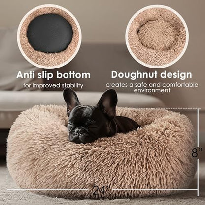 Dogs Bed for Small Dogs, Anti-Anxiety Washable Round Bed (24in Camel) - Image 3