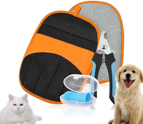 Pet Grooming Glove Set for Dogs & Cats - Professional Pet Hair Removal Glove with Free Nail Clippers and Silicone Finger Toothbrush by AstraVena