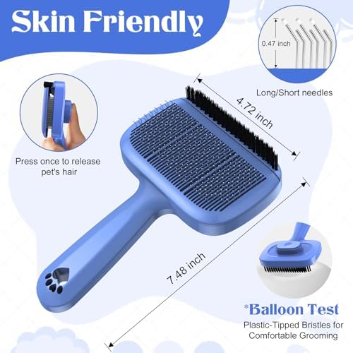 Self Cleaning Dog Brush for Shedding - Bristle Brush and Long/Short Needles Design, Skin Friendly, Slicker Deshedding Dog Brush, Hair Removal for Long & Short Haired Pets (Blue) - Image 2