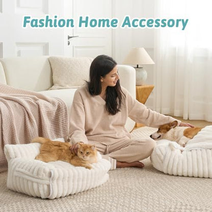 COZY KISS Cute Cat Bed with Removable Cover, Multifunctional Plush Faux Fur Pet Couch Bed with Blanket, Ultra-Soft Pet Furniture for Cats & Small Dogs (Cream, M: 32''x24'') - Image 6